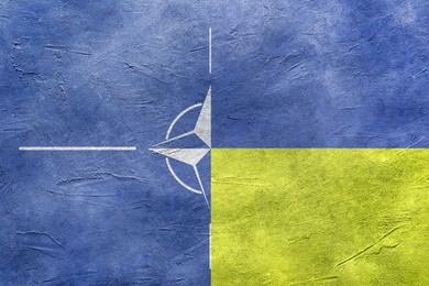 Image of Flags of Ukraine and NATO on brick wall on textured surface