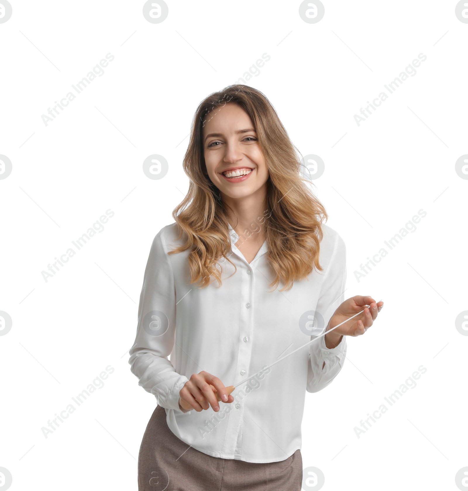 Photo of Music teacher with baton on white background