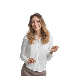 Photo of Music teacher with baton on white background