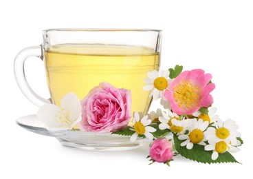 Aromatic herbal tea in glass cup and flowers isolated on white