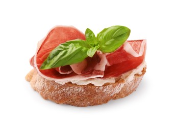 Tasty sandwich with cured ham and basil leaves isolated on white