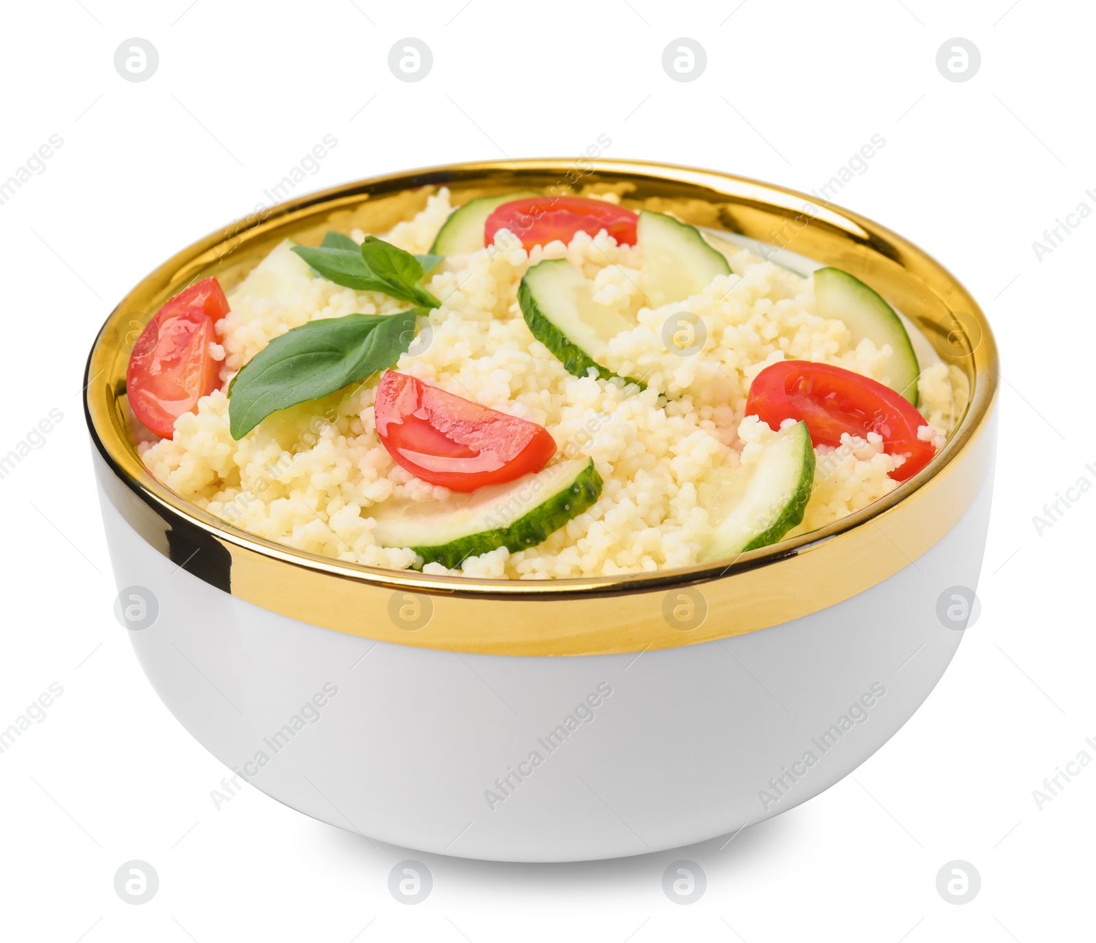 Photo of Bowl of tasty couscous with tomatoes, cucumber and basil on white background