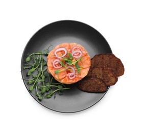 Tasty salmon tartare with croutons, microgreens and red onion isolated on white, top view