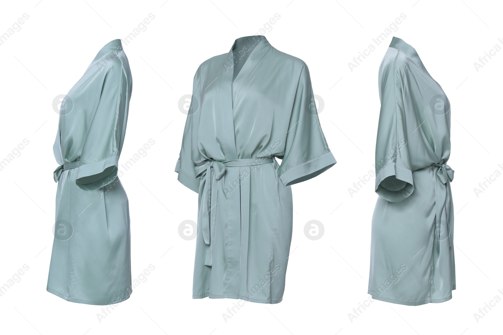 Image of Collage with pale green silk bathrobe on white background, different views