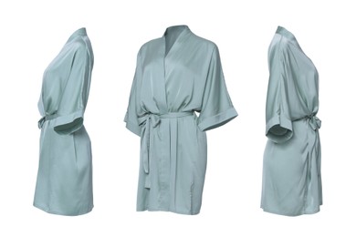 Collage with pale green silk bathrobe on white background, different views