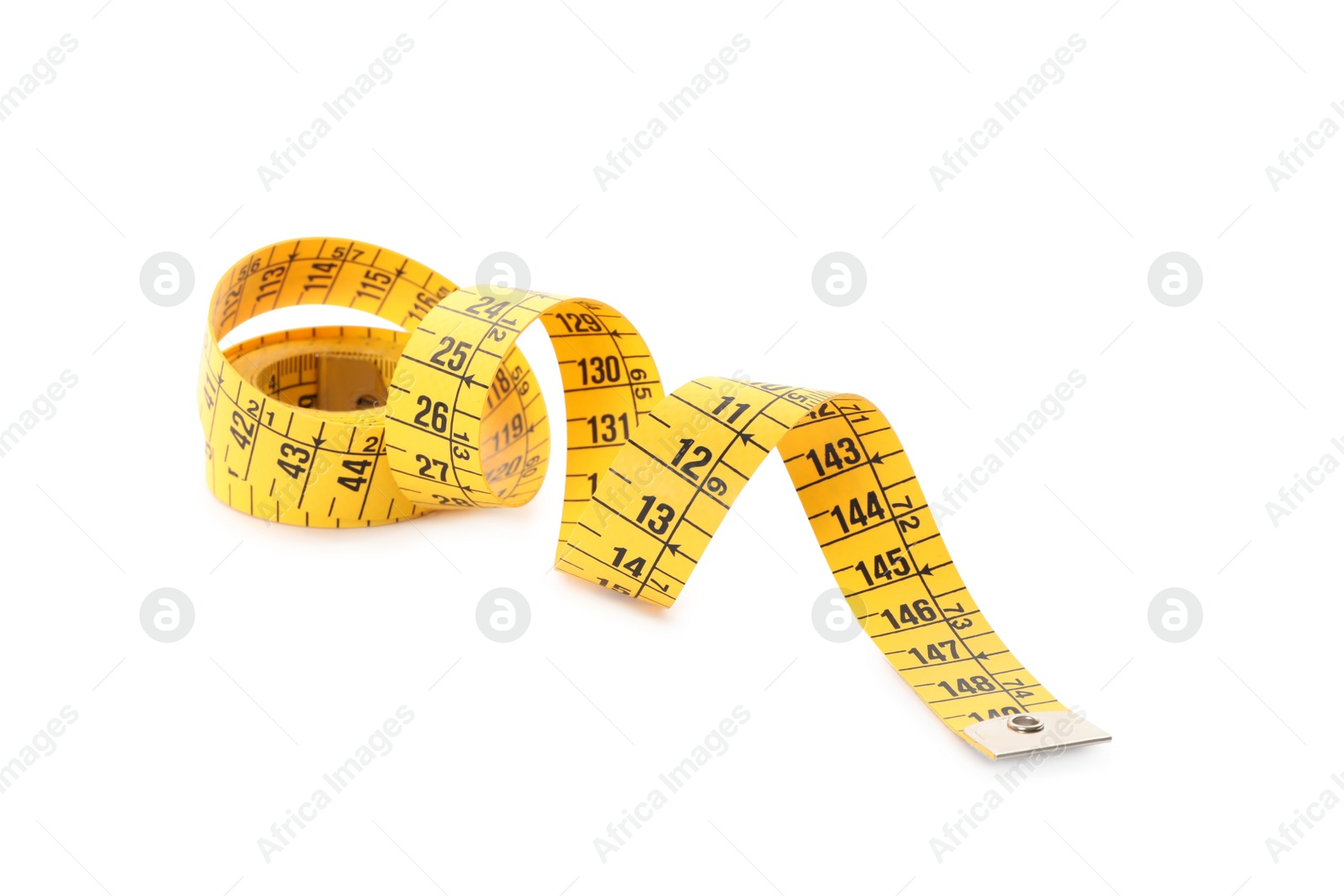 Photo of Long yellow measuring tape isolated on white