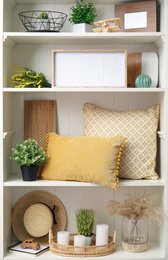 White shelving unit with plants and different decorative stuff