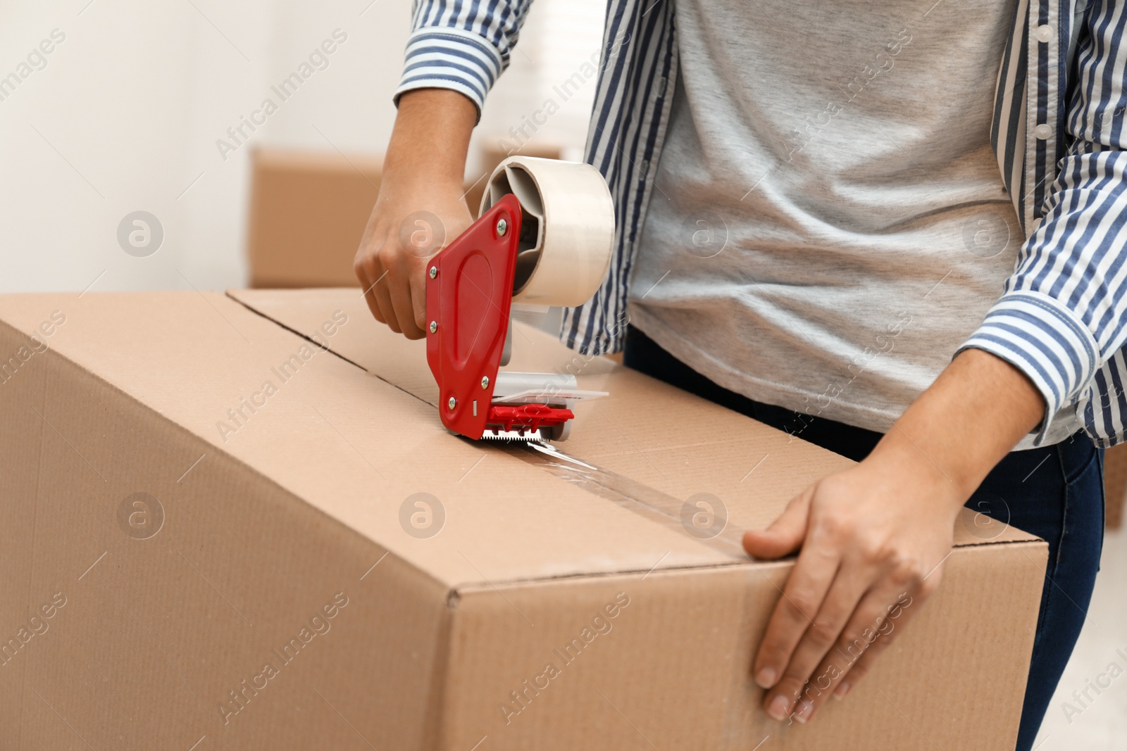 Photo of Woman packing cardboard box indoors, closeup. Moving day