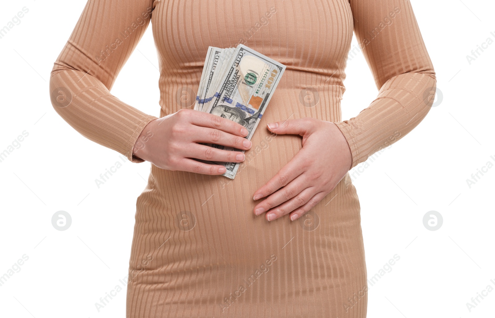 Photo of Surrogate mother. Pregnant woman with dollar banknotes on white background, closeup