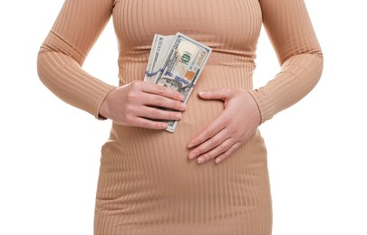 Surrogate mother. Pregnant woman with dollar banknotes on white background, closeup