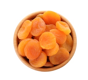 Photo of Bowl with apricots on white background, top view. Dried fruit as healthy food