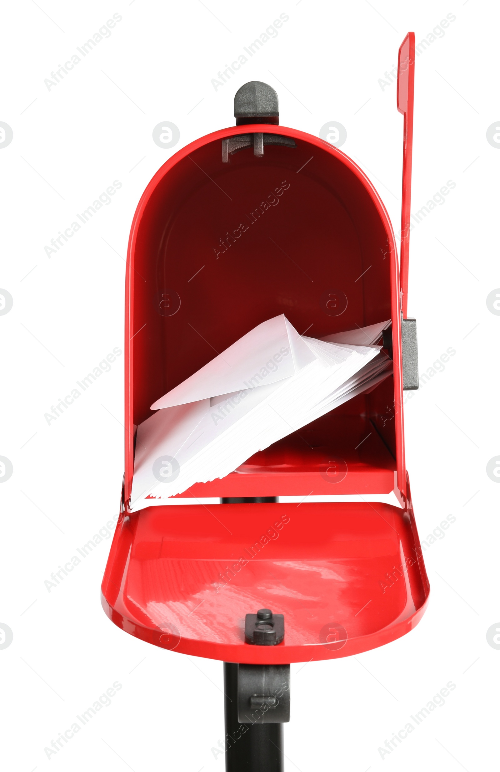 Photo of Open red letter box with correspondence on white background