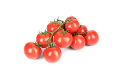 Photo of Branch of red ripe cherry tomatoes isolated on white