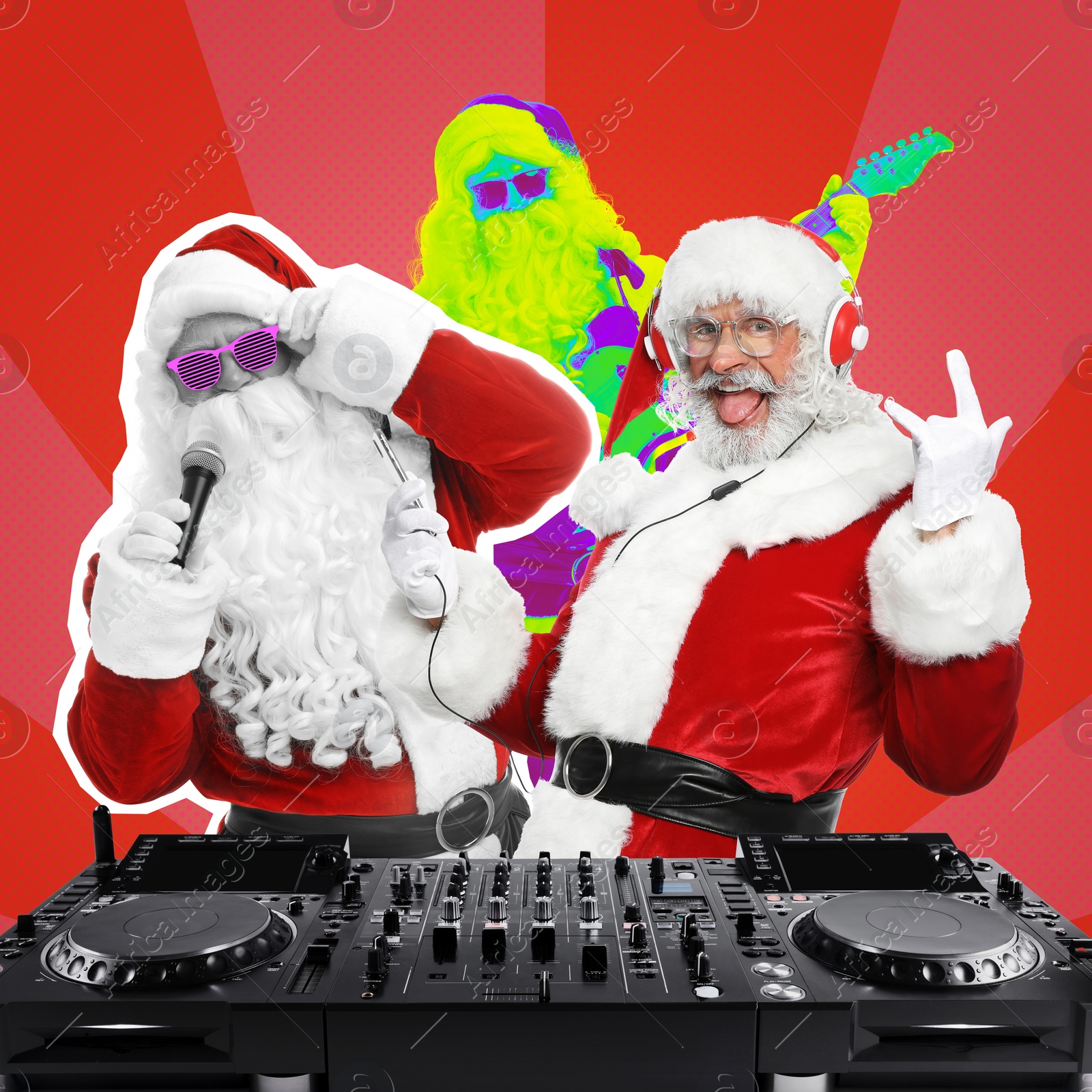 Image of Winter holidays bright artwork. Santa Clauses playing music at DJ controller against color background, creative collage