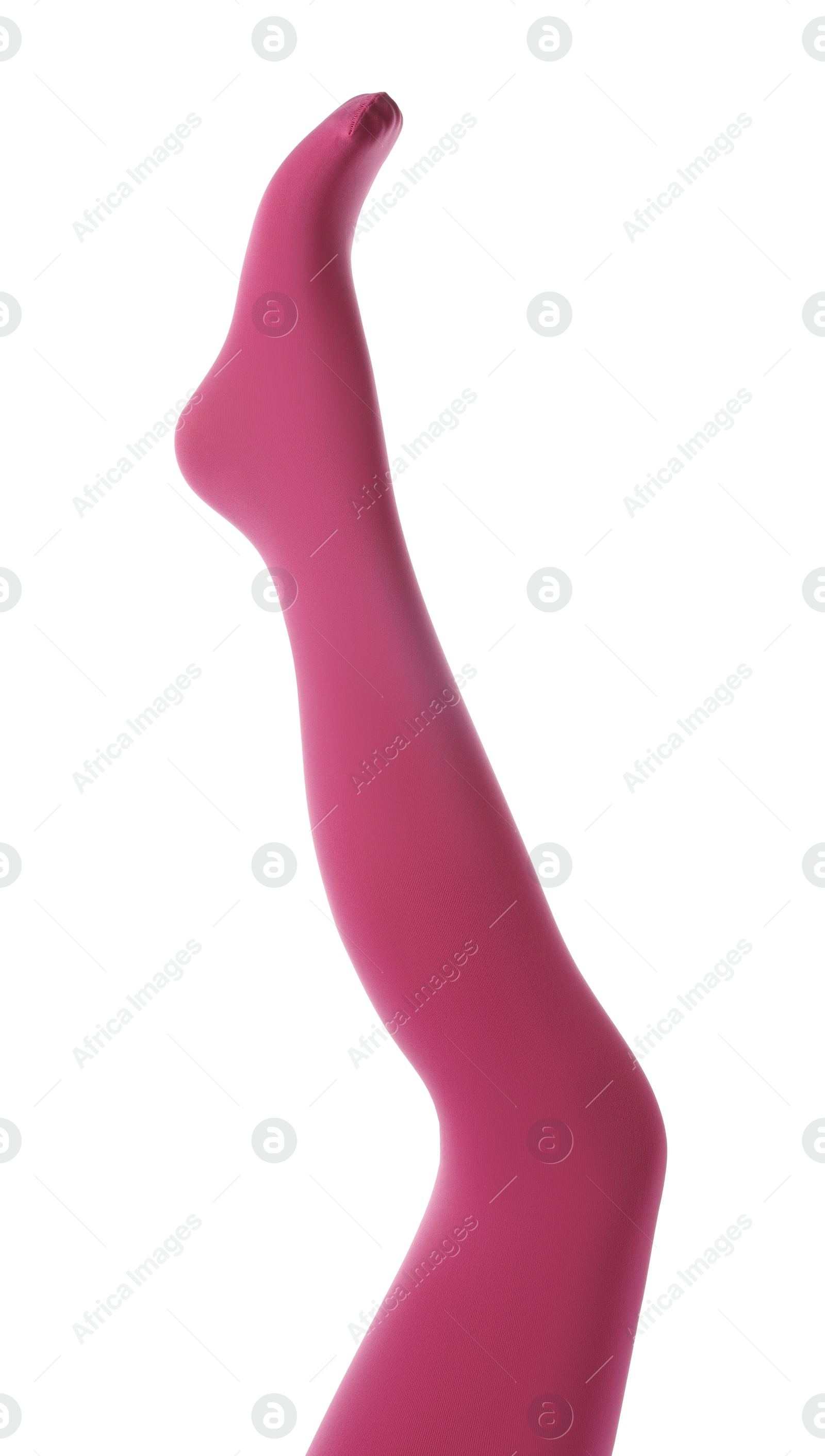 Photo of Leg mannequin in pink tights on white background