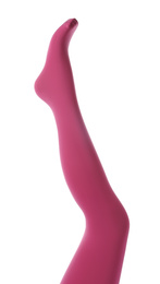 Photo of Leg mannequin in pink tights on white background