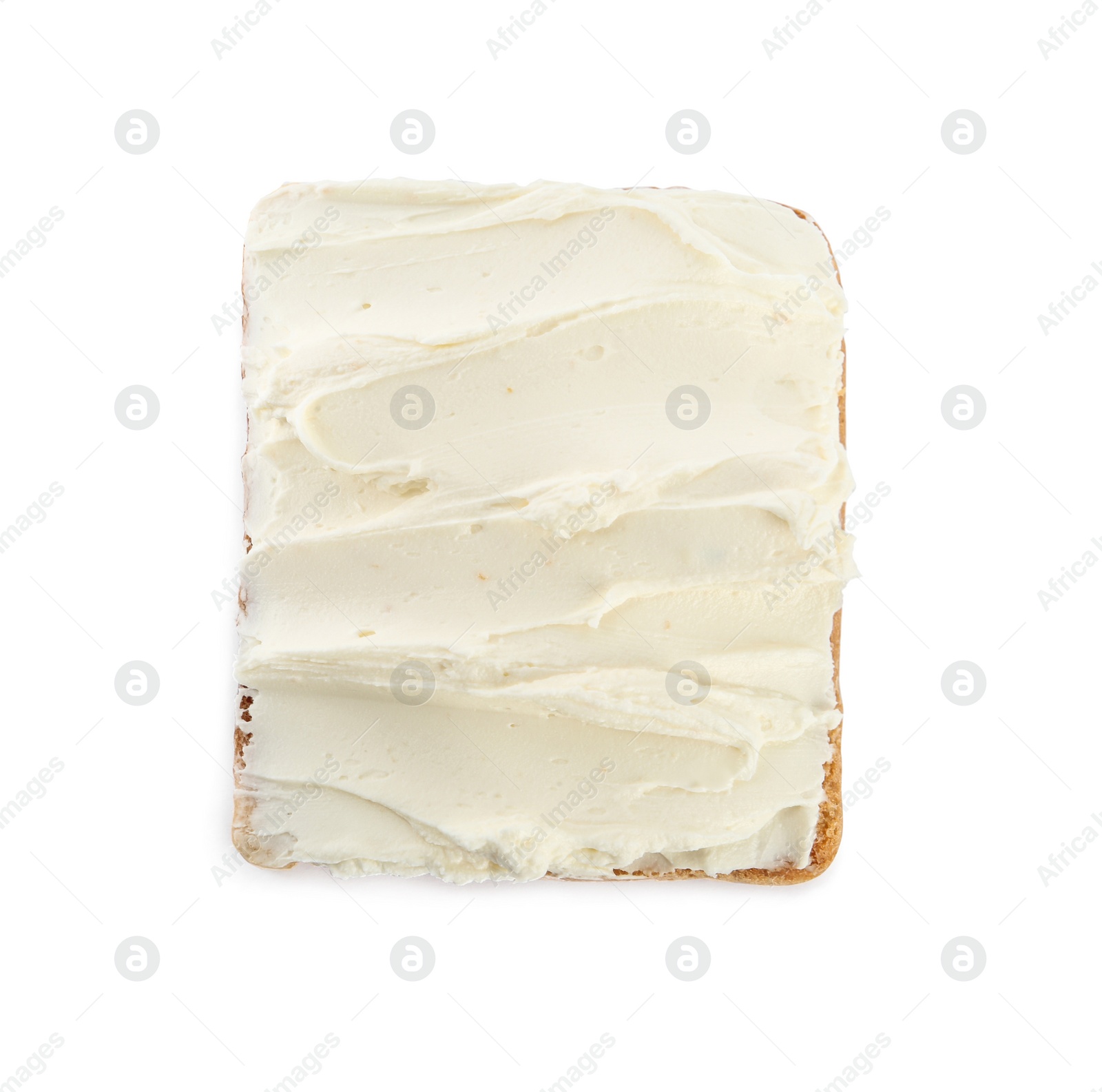 Photo of Toasted bread with cream cheese isolated on white, top view