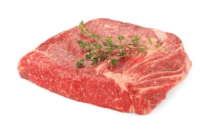 Photo of Fresh raw beef cut with thyme isolated on white