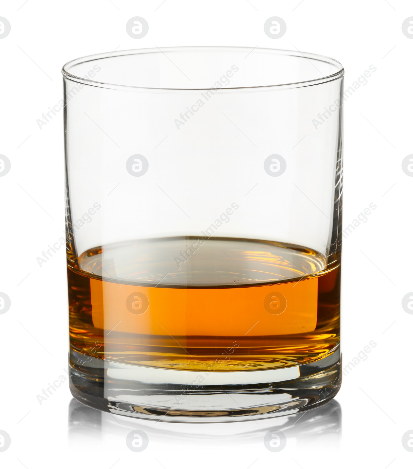 Photo of Whiskey in glass isolated on white. Alcoholic drink