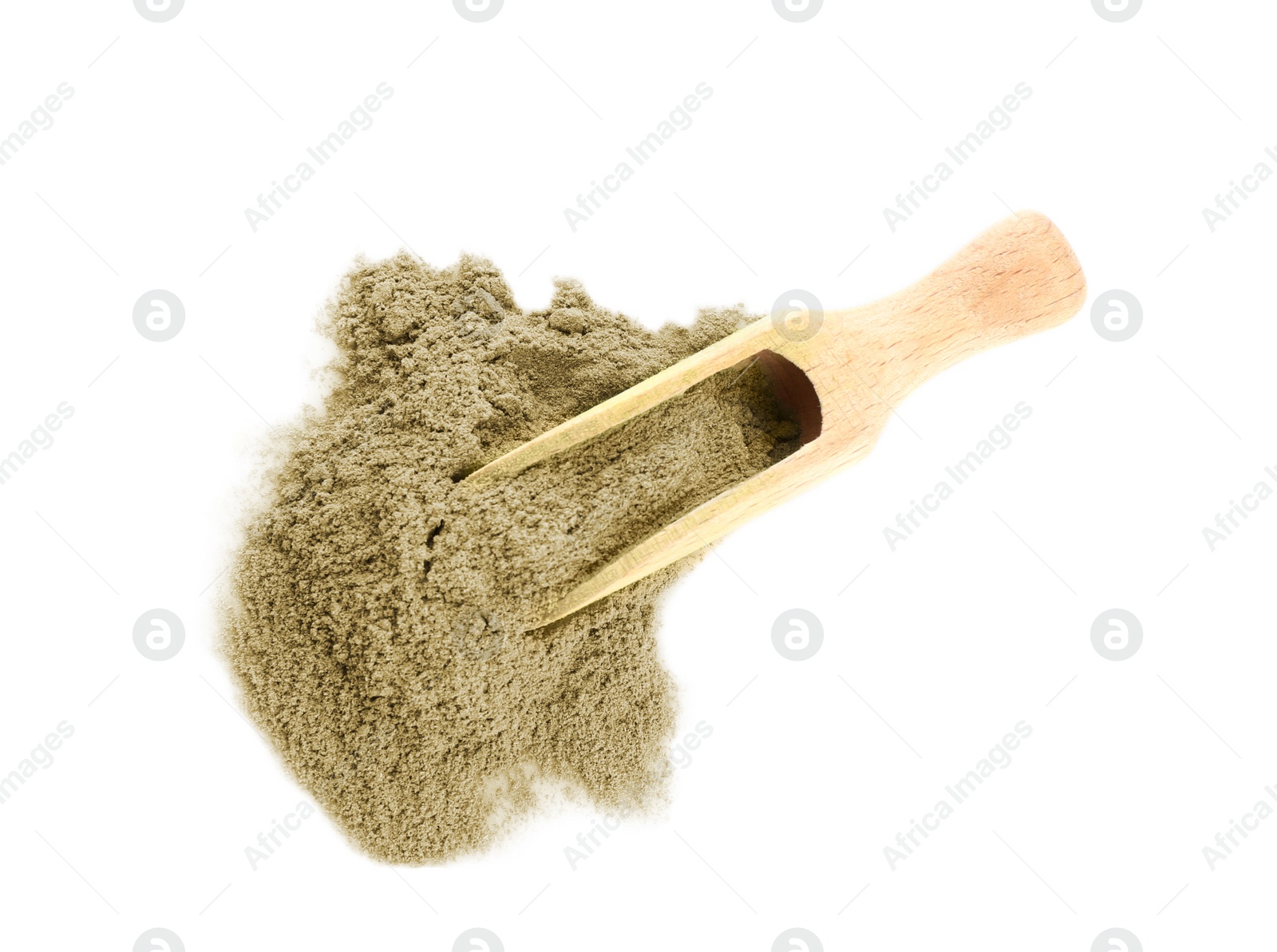Photo of Scoop with hemp protein powder on white background, top view