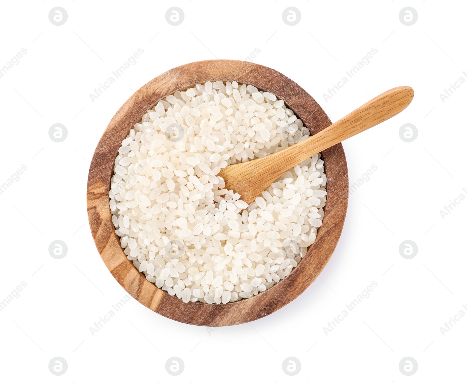 Photo of Raw rice in wooden bowl isolated on white, top view