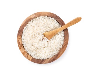 Raw rice in wooden bowl isolated on white, top view