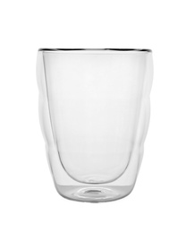 Photo of New empty clear glass on white background