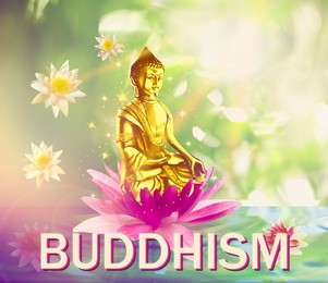 Image of Buddhism. Golden Buddha figure with lotus flowers on water
