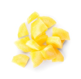 Slices of raw yellow carrot isolated on white, top view