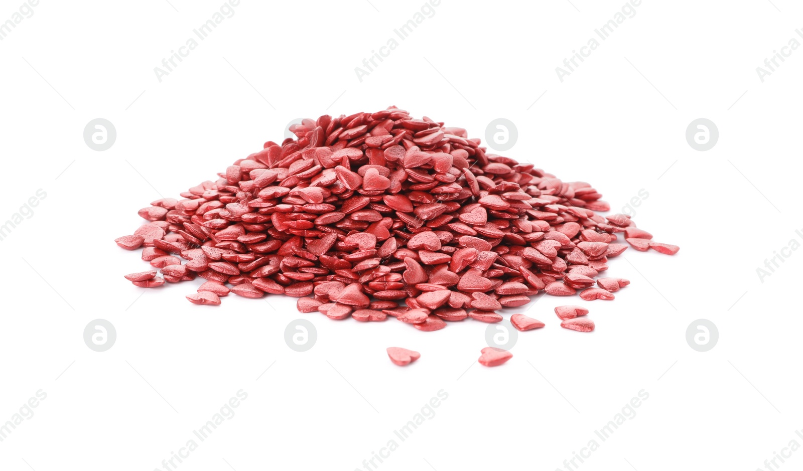 Photo of Pile of bright heart shaped sprinkles on white background