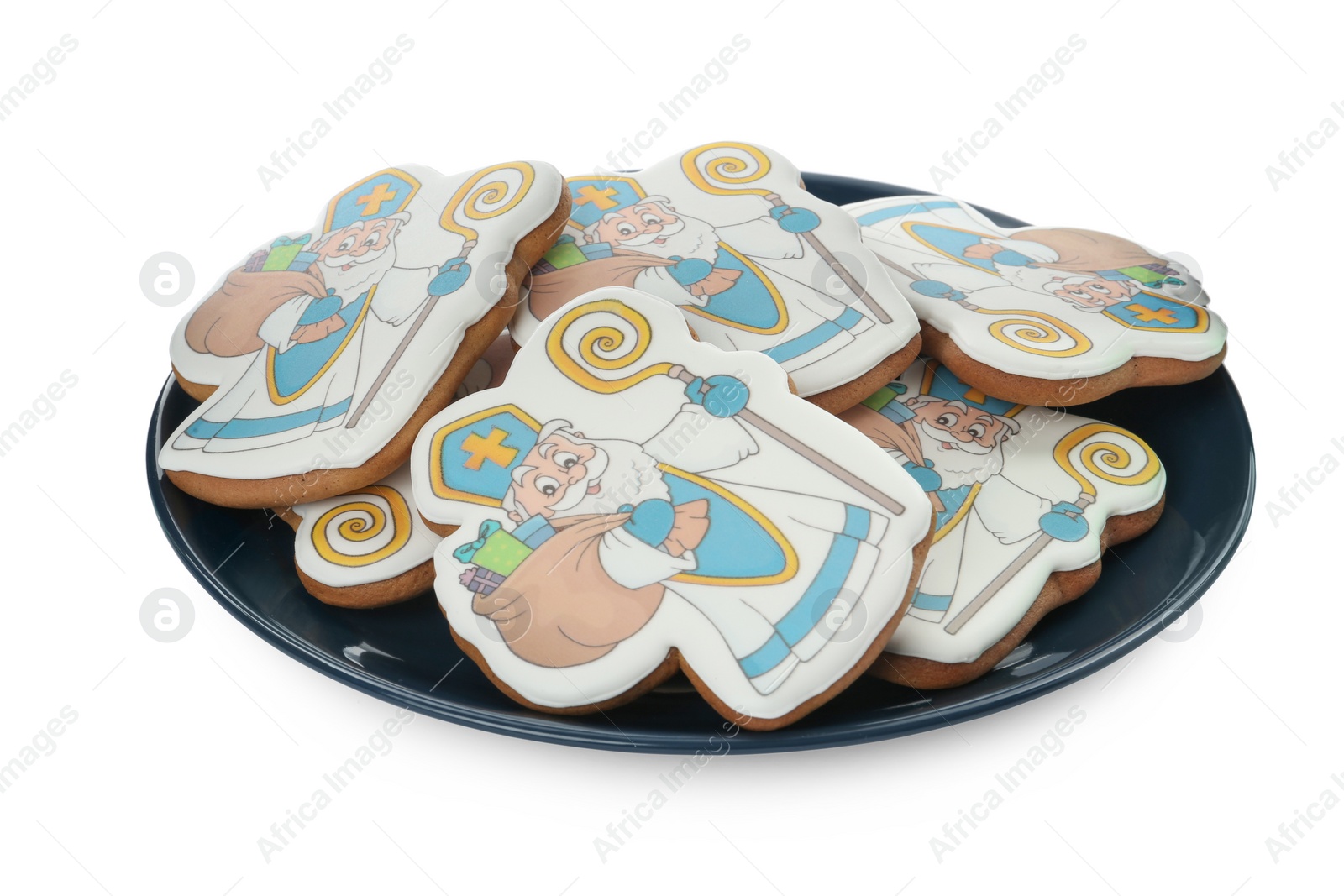 Photo of Tasty gingerbread cookies on white background. St. Nicholas Day celebration