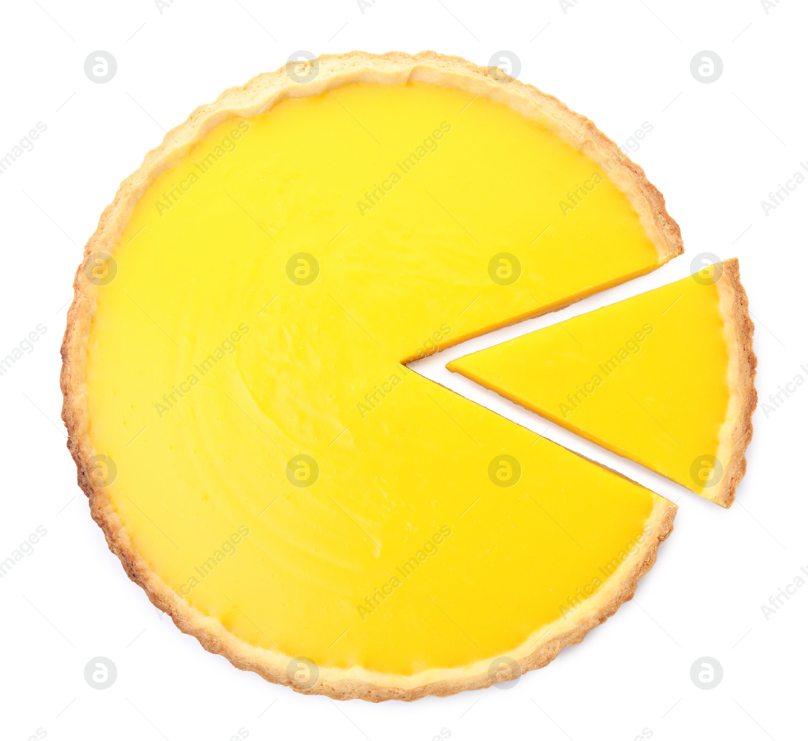 Photo of Cut delicious homemade lemon pie on white background, top view