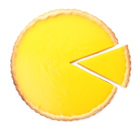 Cut delicious homemade lemon pie on white background, top view