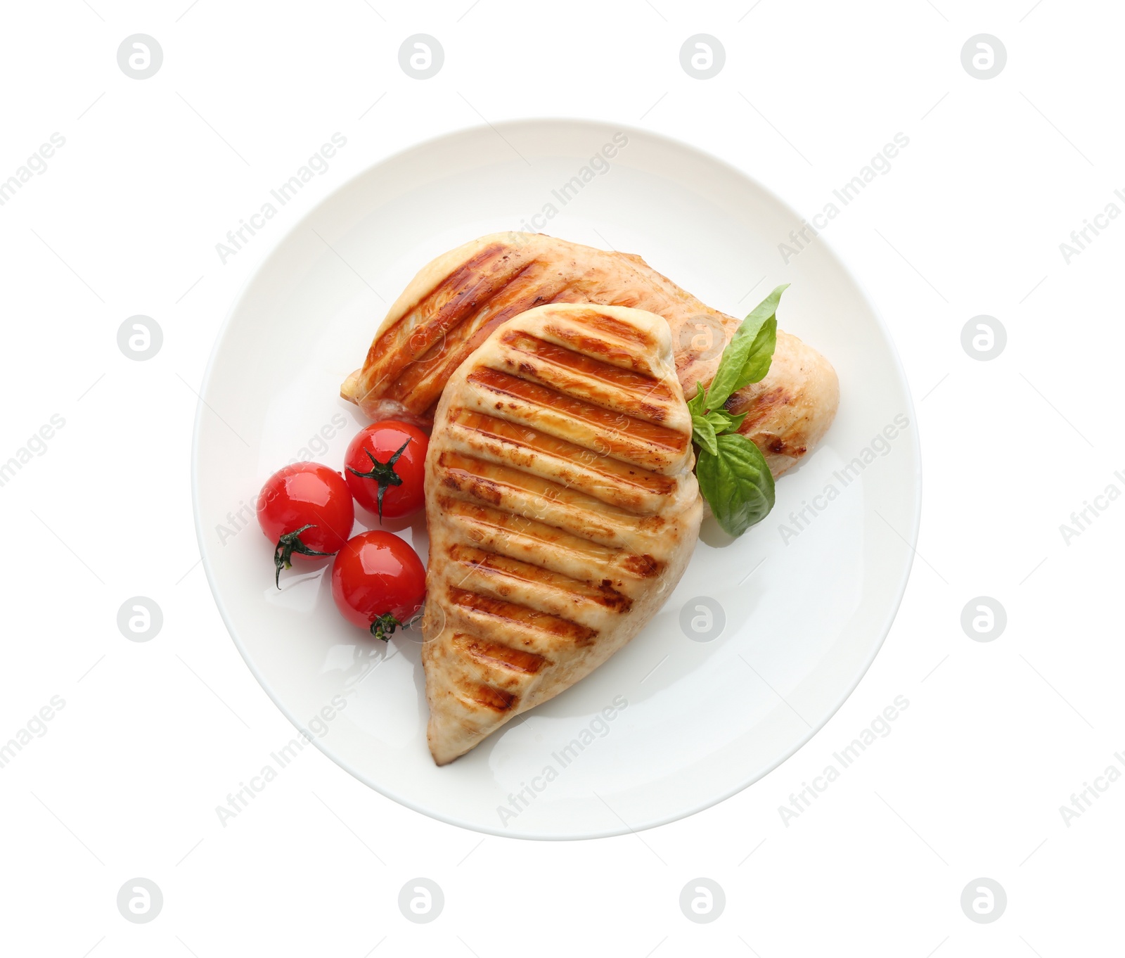Photo of Tasty grilled chicken fillets with tomatoes and basil isolated on white, top view