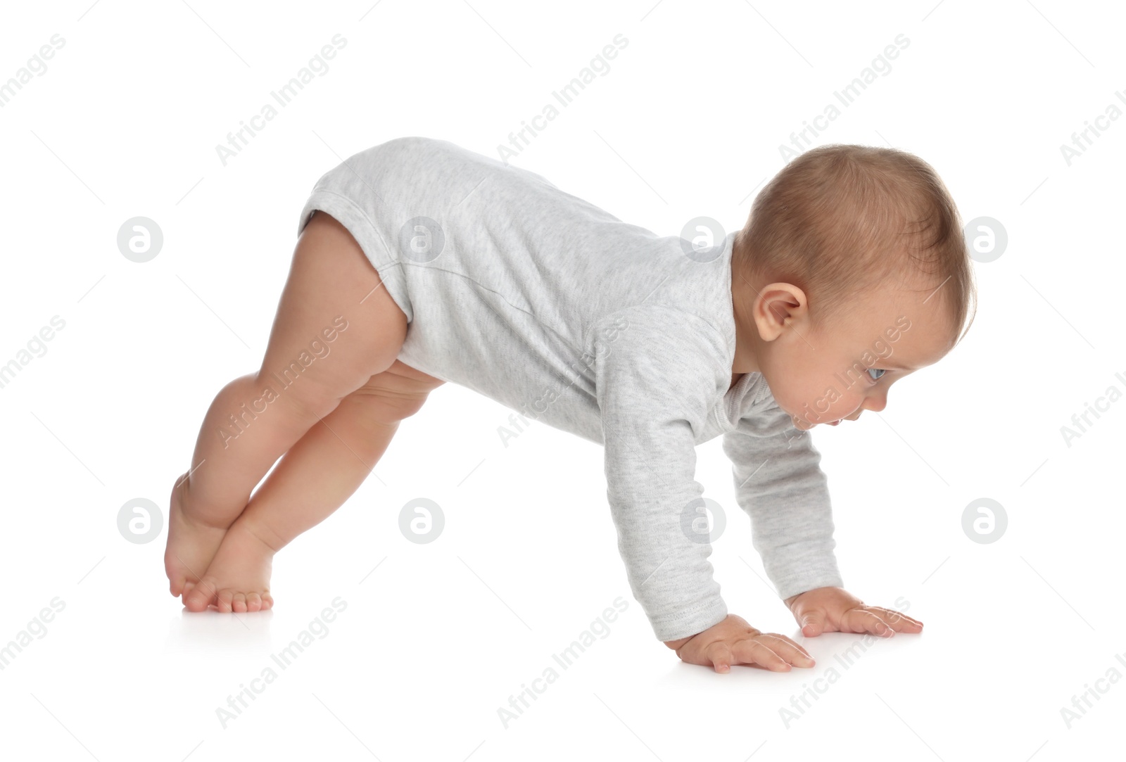 Photo of Cute little baby crawling on white background