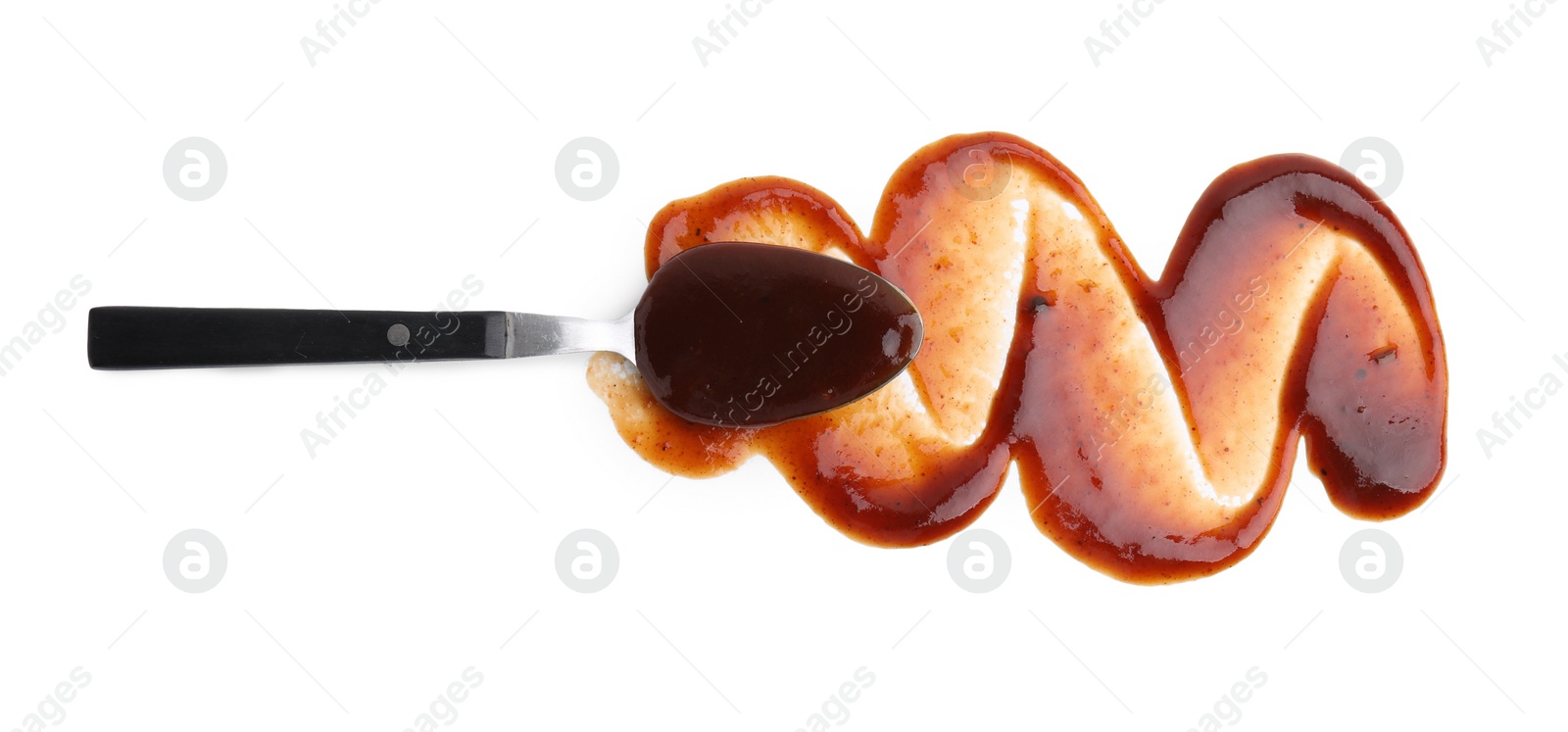 Photo of Spoon with fresh marinade isolated on white, top view