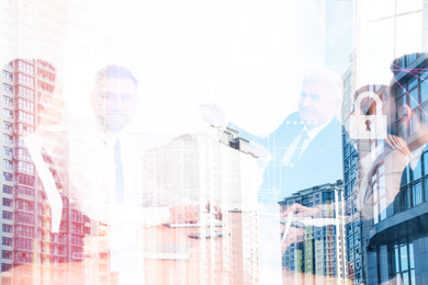 Image of Business people in office and modern buildings. Double exposure