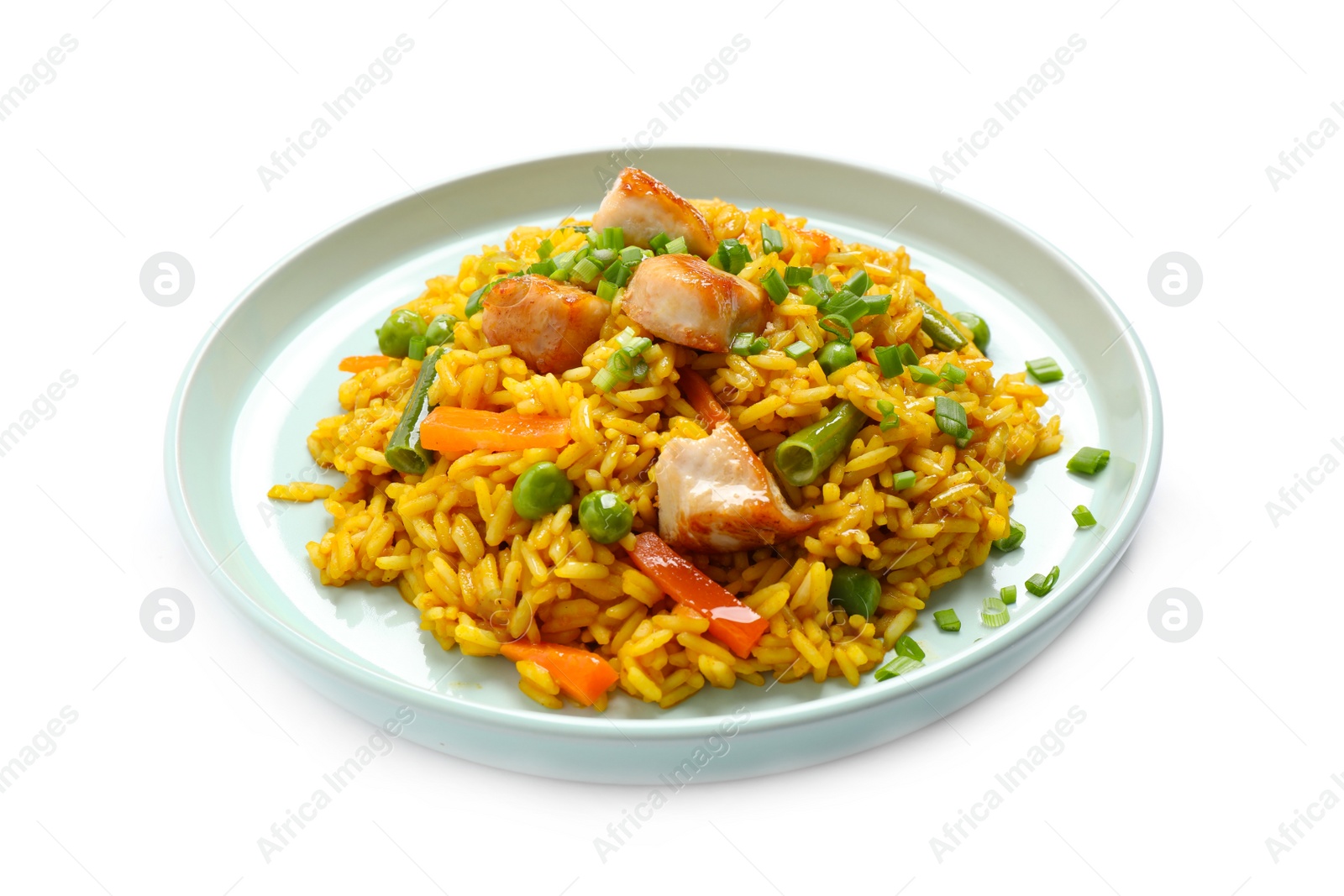 Photo of Delicious rice pilaf with chicken and vegetables isolated on white