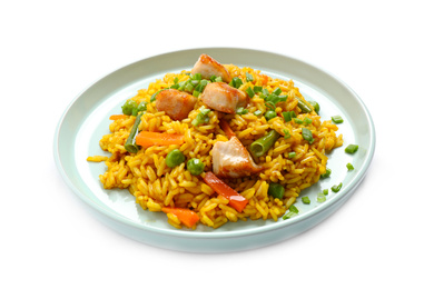 Photo of Delicious rice pilaf with chicken and vegetables isolated on white