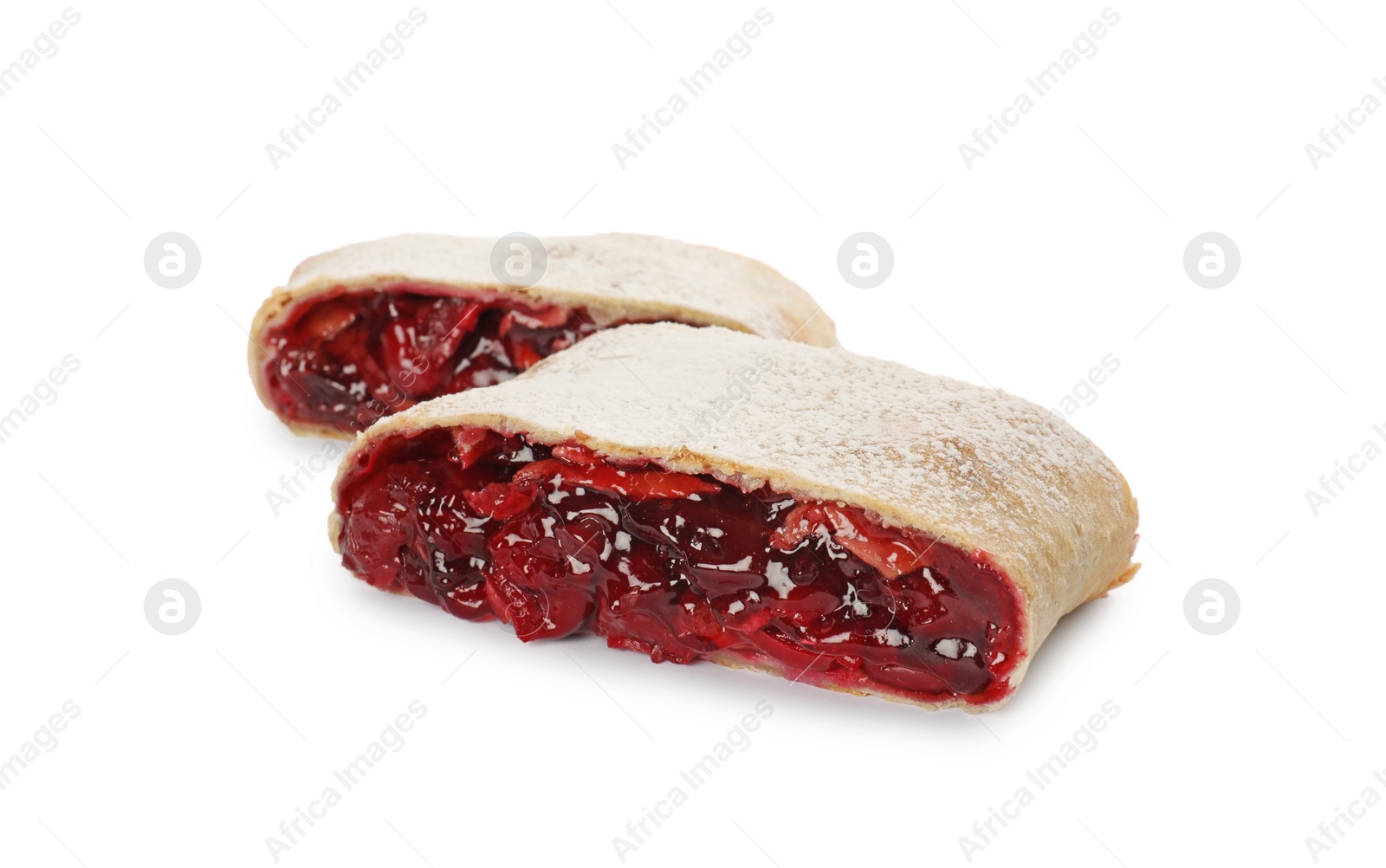 Photo of Delicious cut strudel with cherries isolated on white