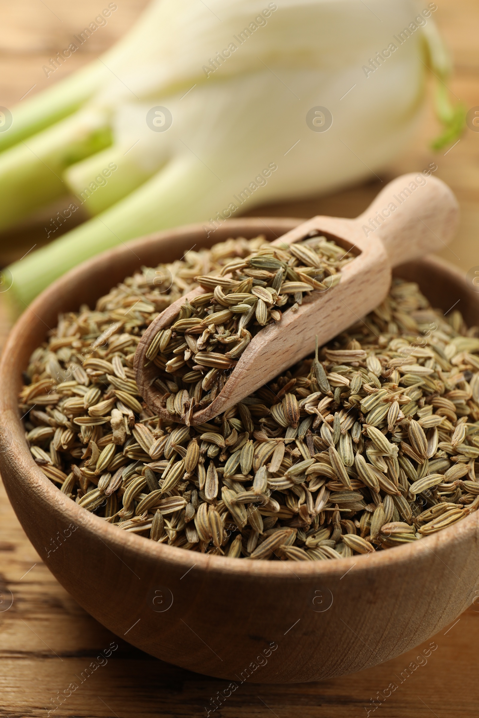 Photo of Bowl and scoop with fennel seeds on table, closeup