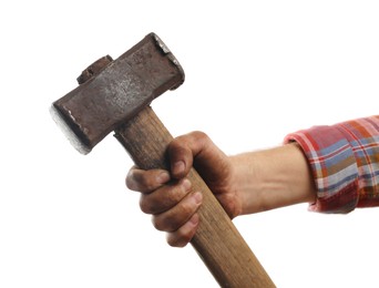 Photo of Man with sledgehammer on white background, closeup