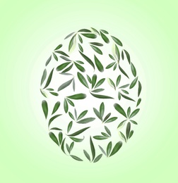 Image of Easter egg shape made of leaves on green background, flat lay 