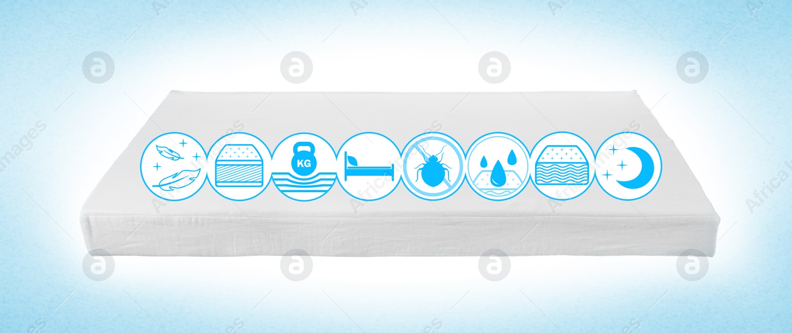 Image of Modern comfortable orthopedic mattress on light blue background, banner design 