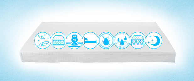 Modern comfortable orthopedic mattress on light blue background, banner design 