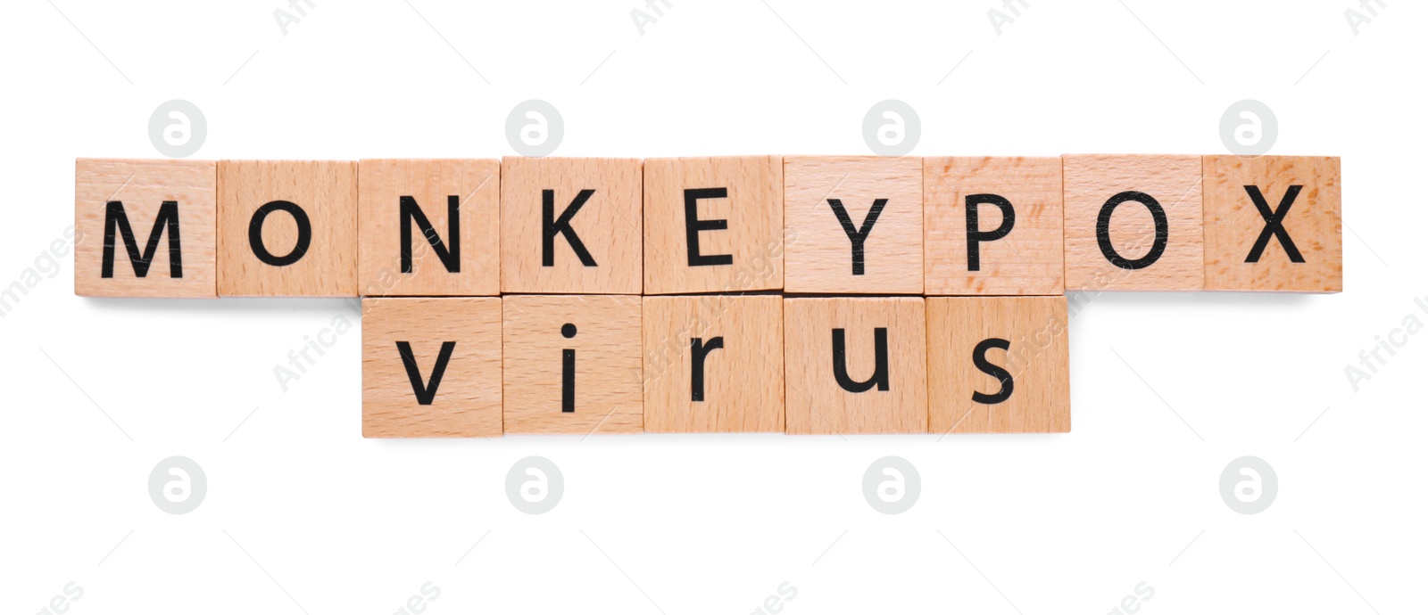 Photo of Words Monkeypox Virus made of wooden squares with letters on white background, top view