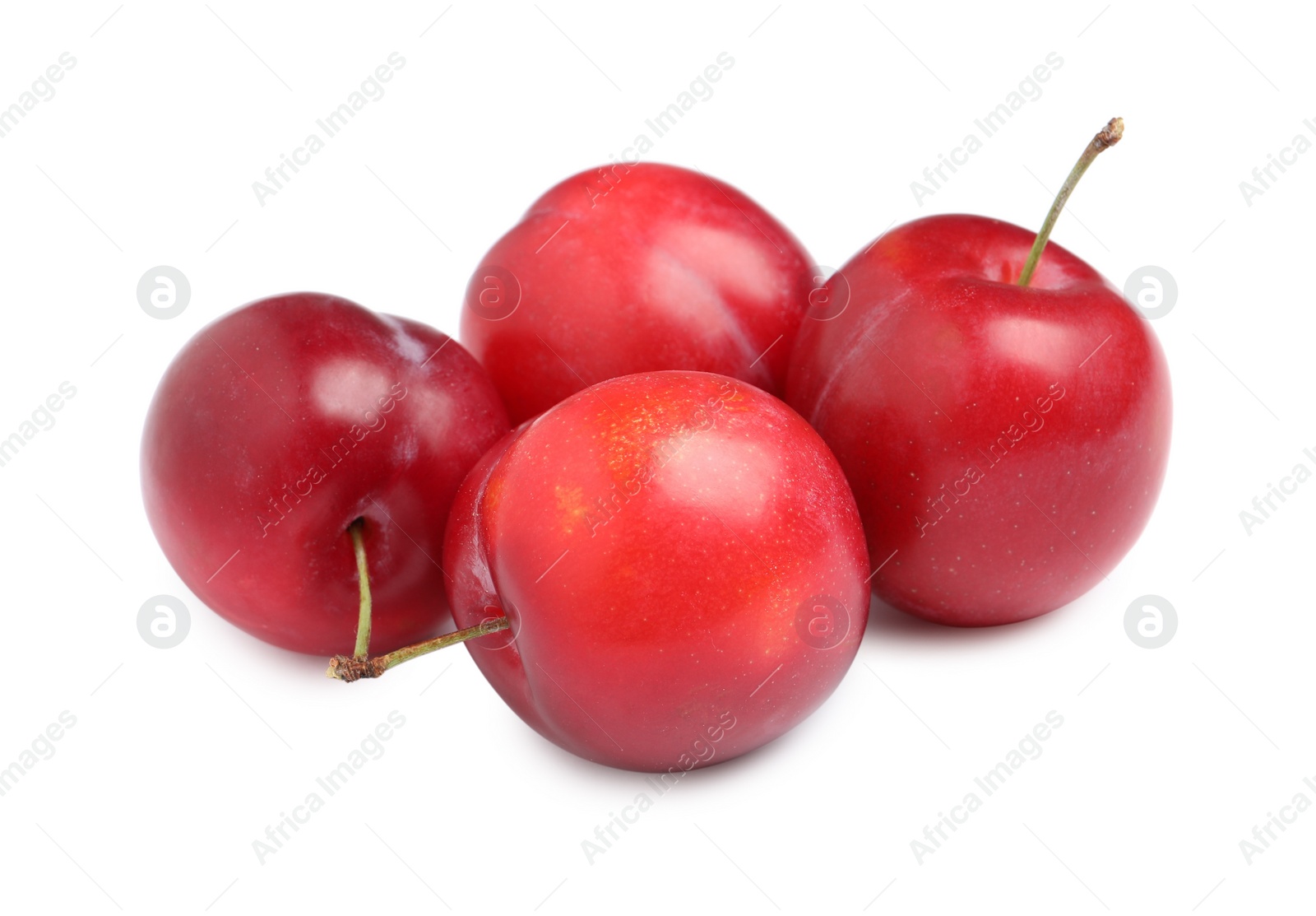 Photo of Delicious ripe cherry plums on white background