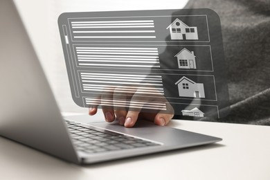 Image of House search. Woman choosing home via laptop at table, closeup. Illustrations of different buildings as real estate variations