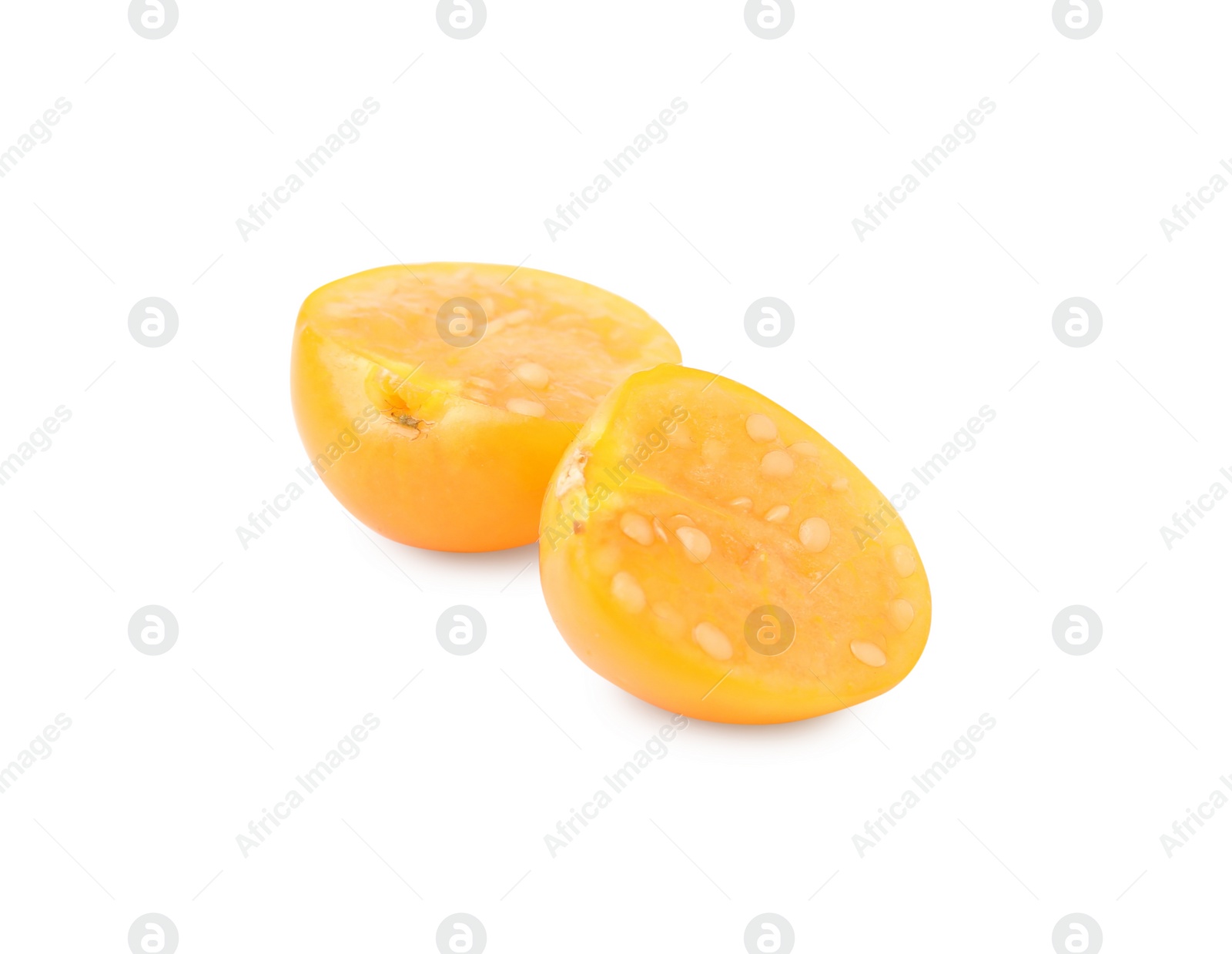 Photo of Cut ripe orange physalis fruit isolated on white