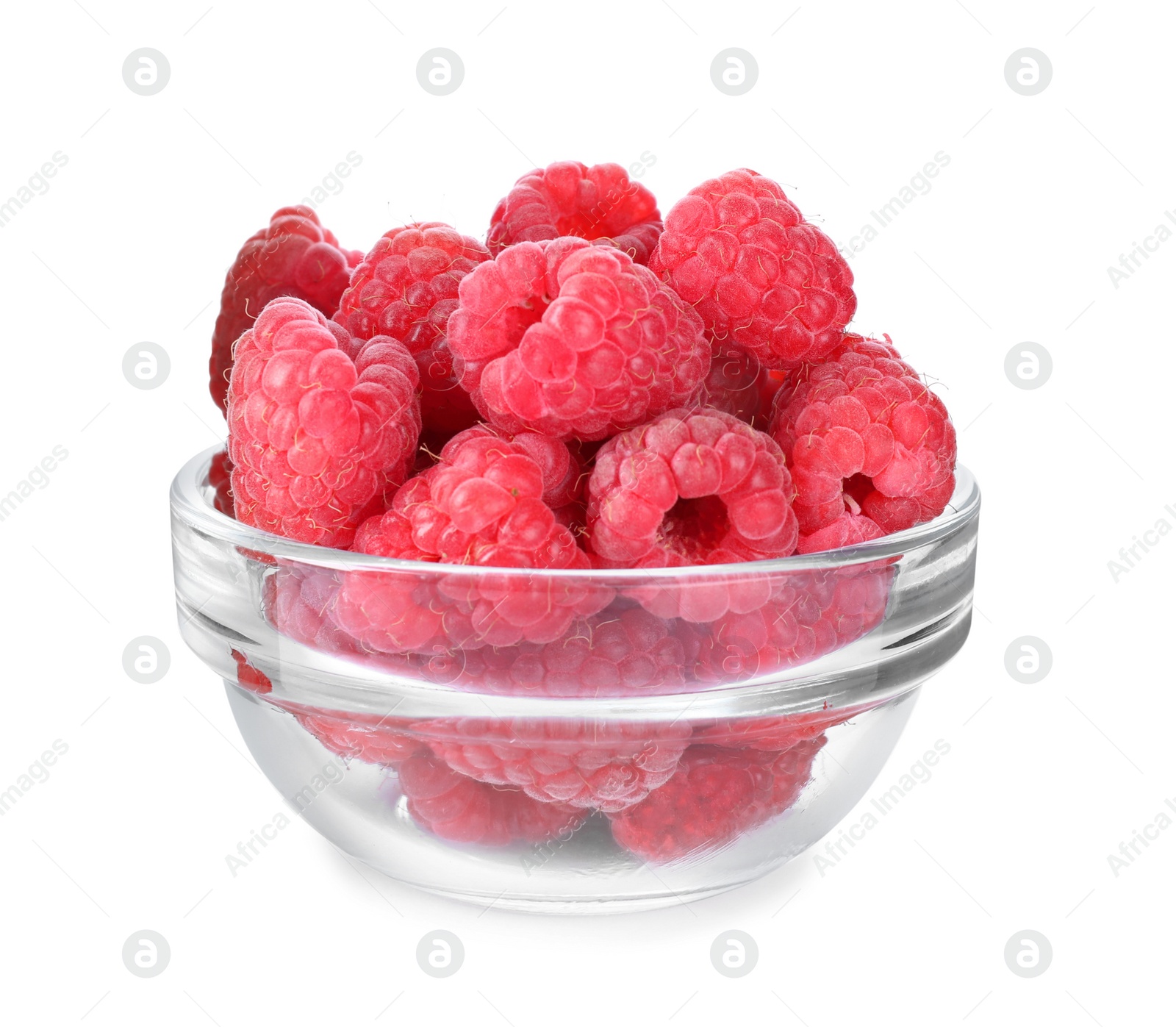 Photo of Delicious fresh ripe raspberries in bowl isolated on white